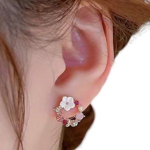 Dainty Multicolor Gemstone Diamond & Pearl Flower Rose Gold Toned Stud Earrings